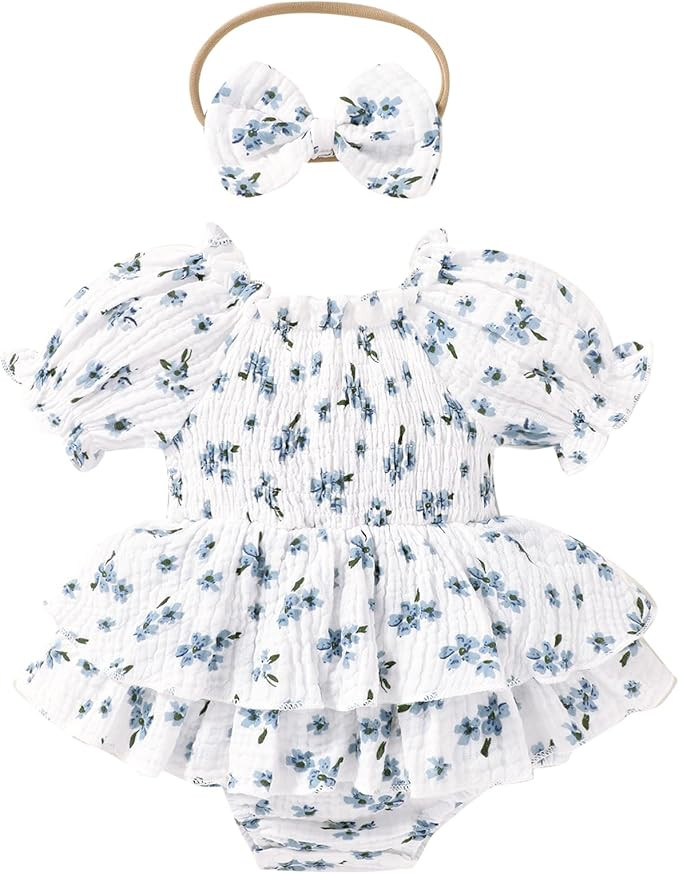 Happy Town Baby Girl Clothes Infant Summer Romper Dress Ruffle Short Sleeve Jumpsuit with Headban... | Amazon (US)