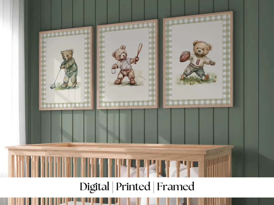 Sport Nursery Set, Boy Nursery Wall Art Sport, Vintage Boy Nursery, Teddy Bear Golf Print Nursery... | Etsy (US)