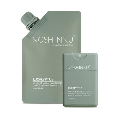 Noshinku Eucalyptus Pocket Hand Sanitizer Refill Kit: Refill Pouch + Sprayer Bundle | Organic Antibacterial Sanitizing Mist with Moisturizing Oils | FDA Registered | 70% Sugarcane Derived Alcohol | Amazon (US)
