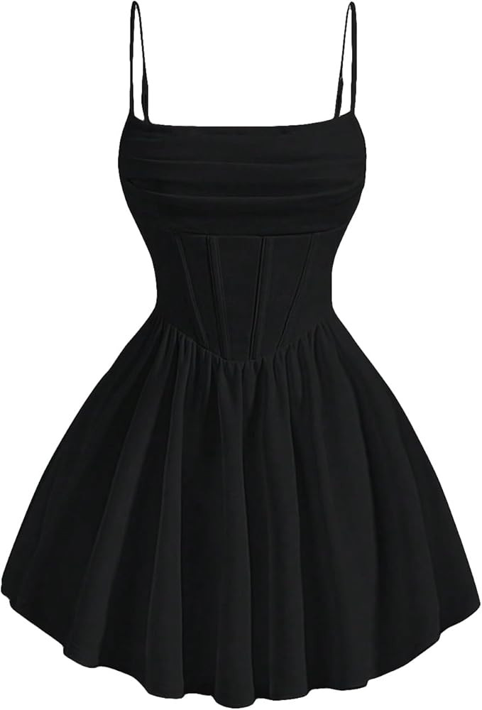 SHENHE Women's Ruched Corset Dress Spaghetti Strap Fit and Flare Flowy Skater Mini Cami Dress | Amazon (US)