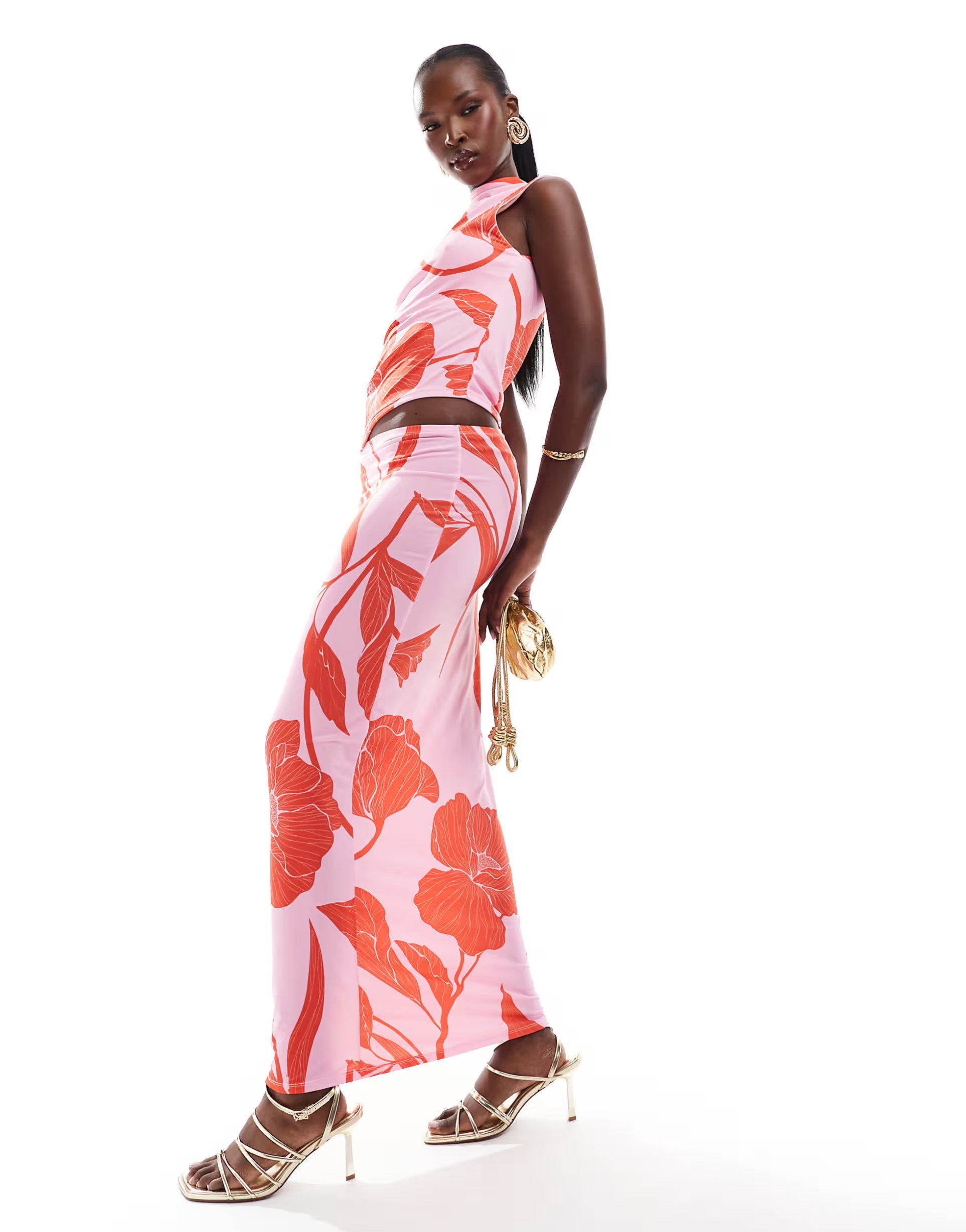 ASOS DESIGN co-ord slinky maxi skirt in pink oversized floral | ASOS (Global)