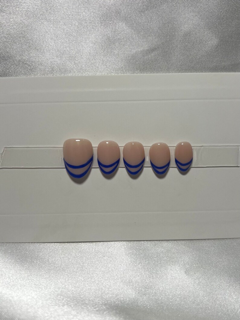 Luxury Hand Painted Press on Nails Blue Lined French Tip - Etsy | Etsy (US)