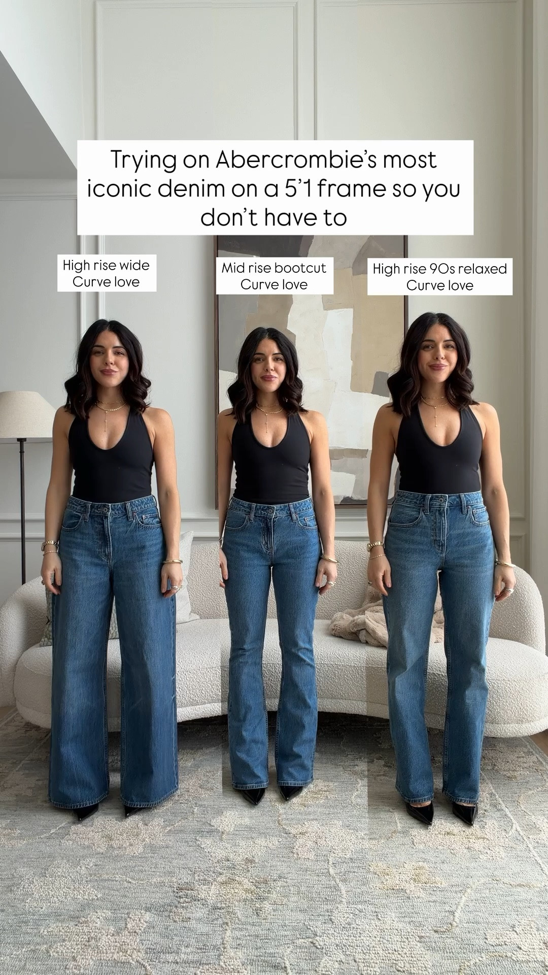 Trying on @abercrombie denim so you don’t have to! 
I’m 5’1, 119 lbs for reference. 
I went with regular length, size 25 in curve love in every style so I could test with a heel 
