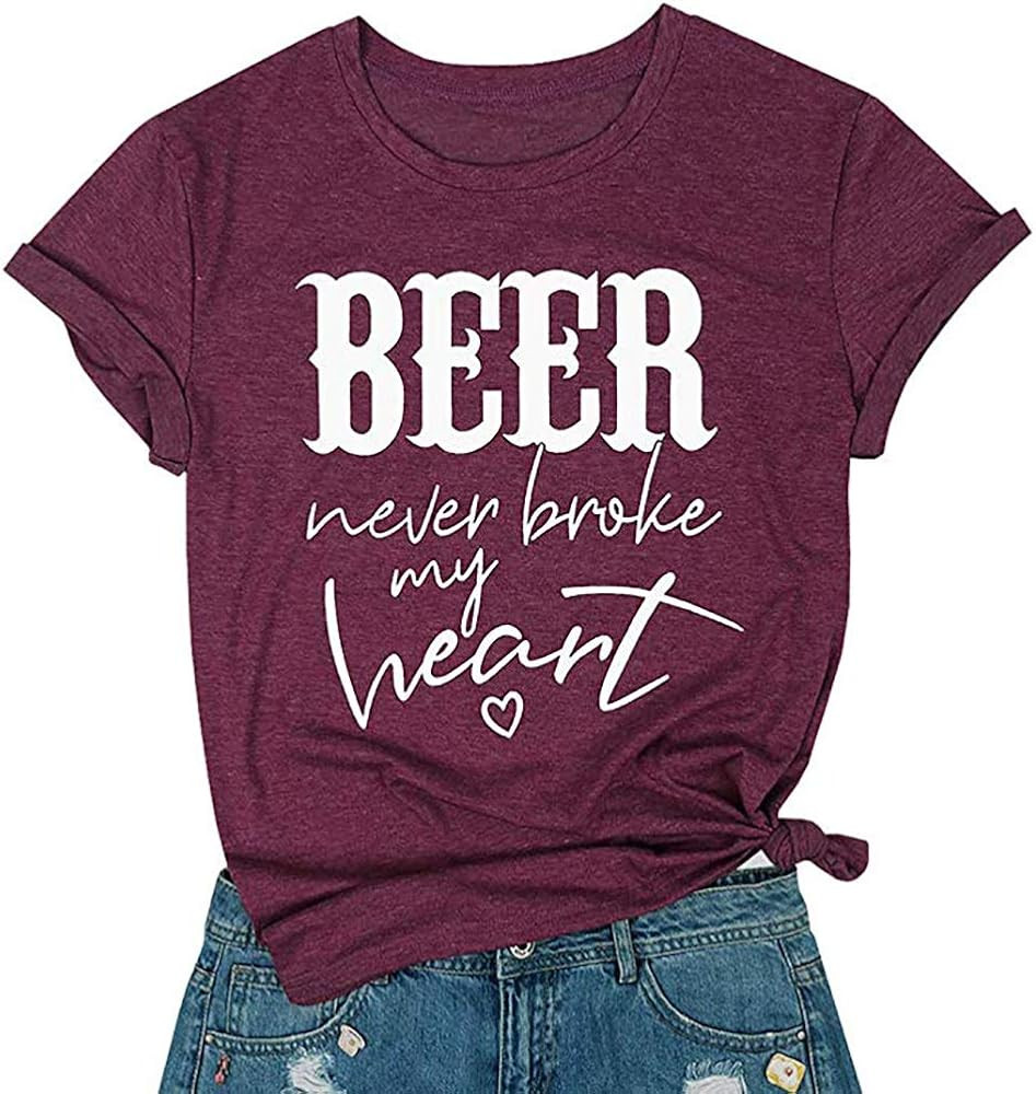 Beer Never Broke My Heart T Shirt Women Country Music Shirts Funny Beer Drinking Tee Short Sleeve... | Amazon (US)