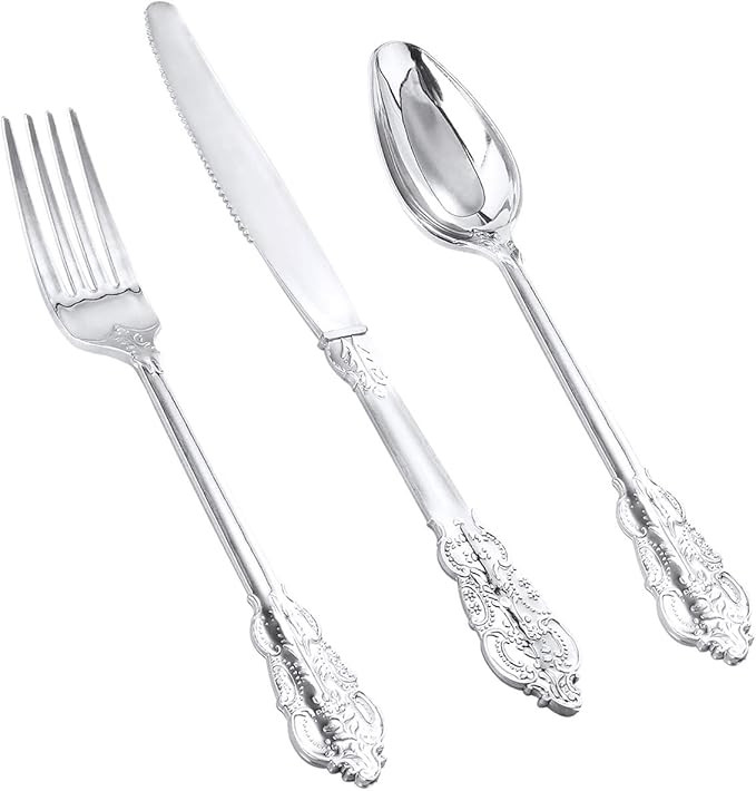 I00000 90 Pieces Silver Plastic Silverware, Heavy Duty Disposable Silverware, Silver Plastic Uten... | Amazon (US)