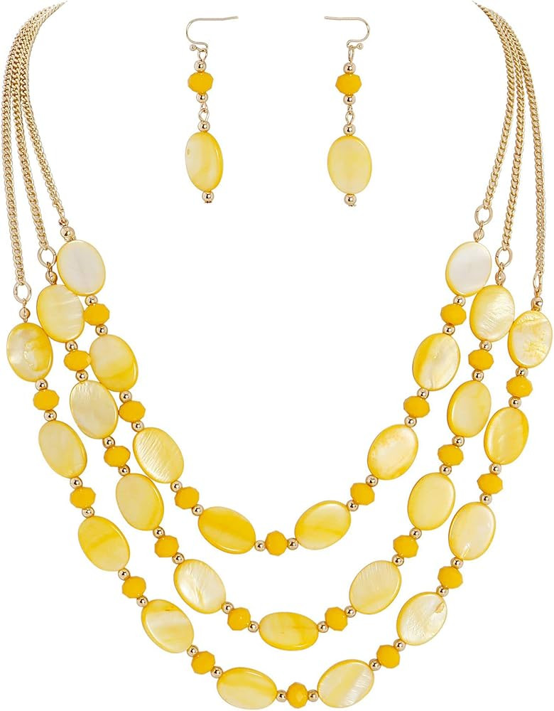 3-Layer Oval Mother of Pearl Bead Necklace and Earrings Women Set | Amazon (US)