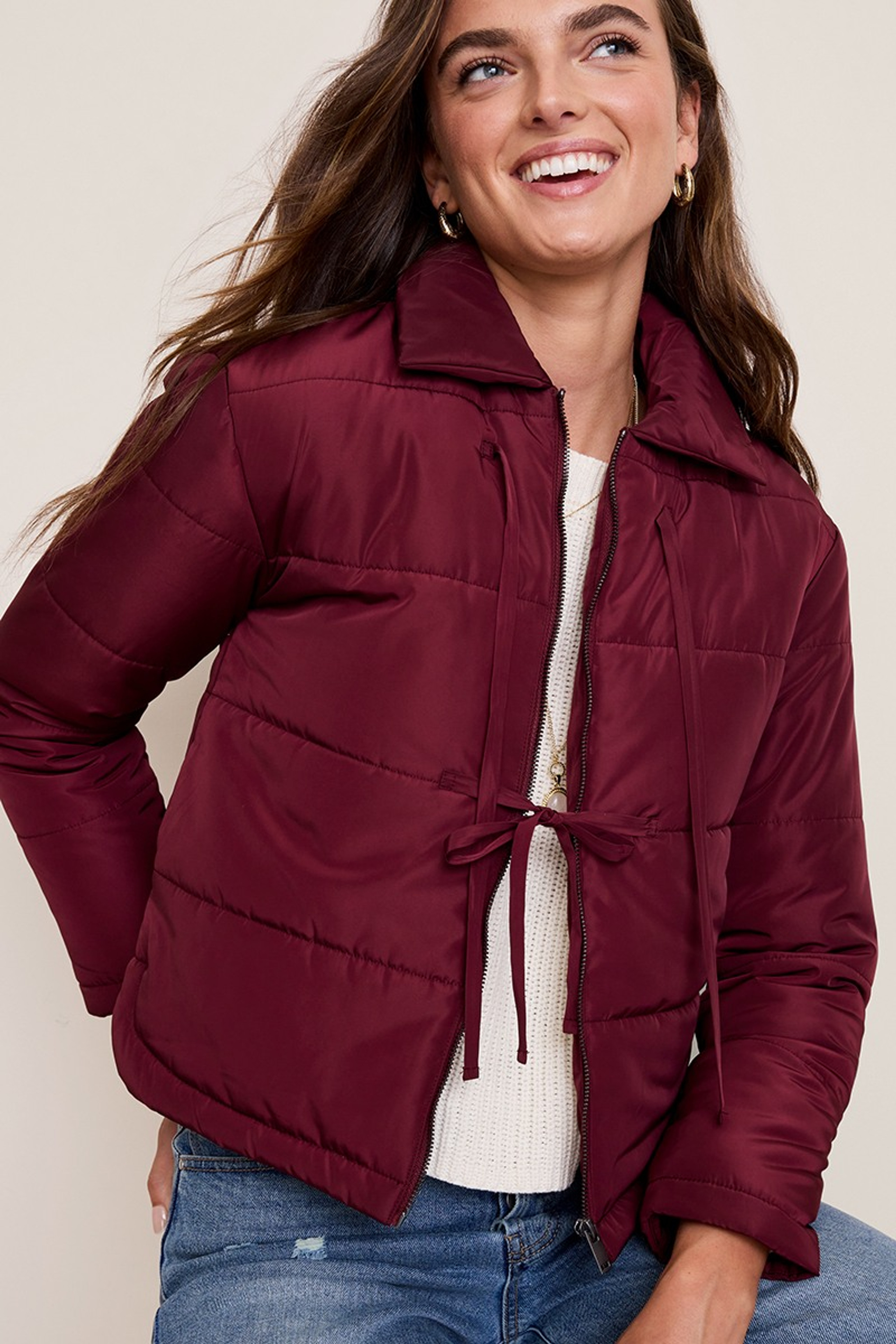 Avery Tie Front Burgundy Puffer Jacket | Francesca's
