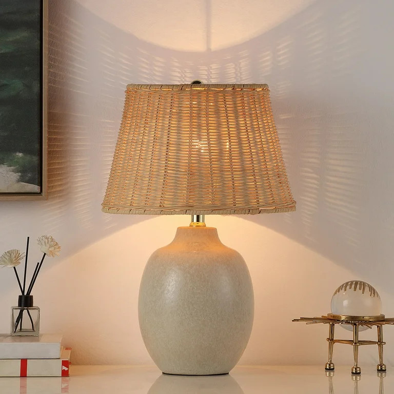 Better Homes & Gardens Cream Ceramic Table Lamp with Rattan Shade, 18 Inches | Walmart (US)