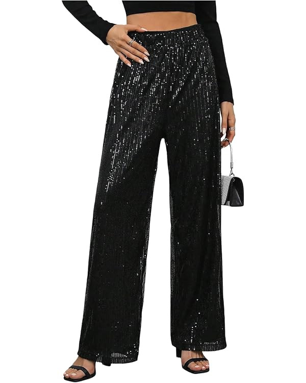 WDIRARA Women's Sequin Sparkle Pants Elastic Waist Wide Leg Party Club Trousers | Amazon (US)