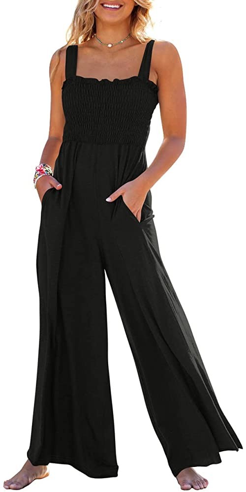 Caracilia Womens Casual Loose Sleeveless Tank Jumpsuits Square Collar Smocked Wide Leg Jumpsuit R... | Amazon (US)