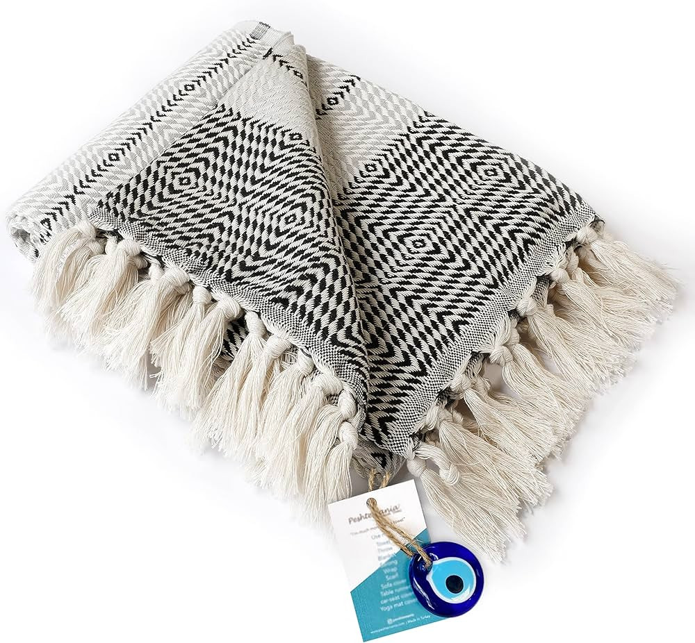 Peshtemania Premium Cotton Boho Throw Blanket |40”x70”| Grey Black and White Throw Blankets f... | Amazon (US)
