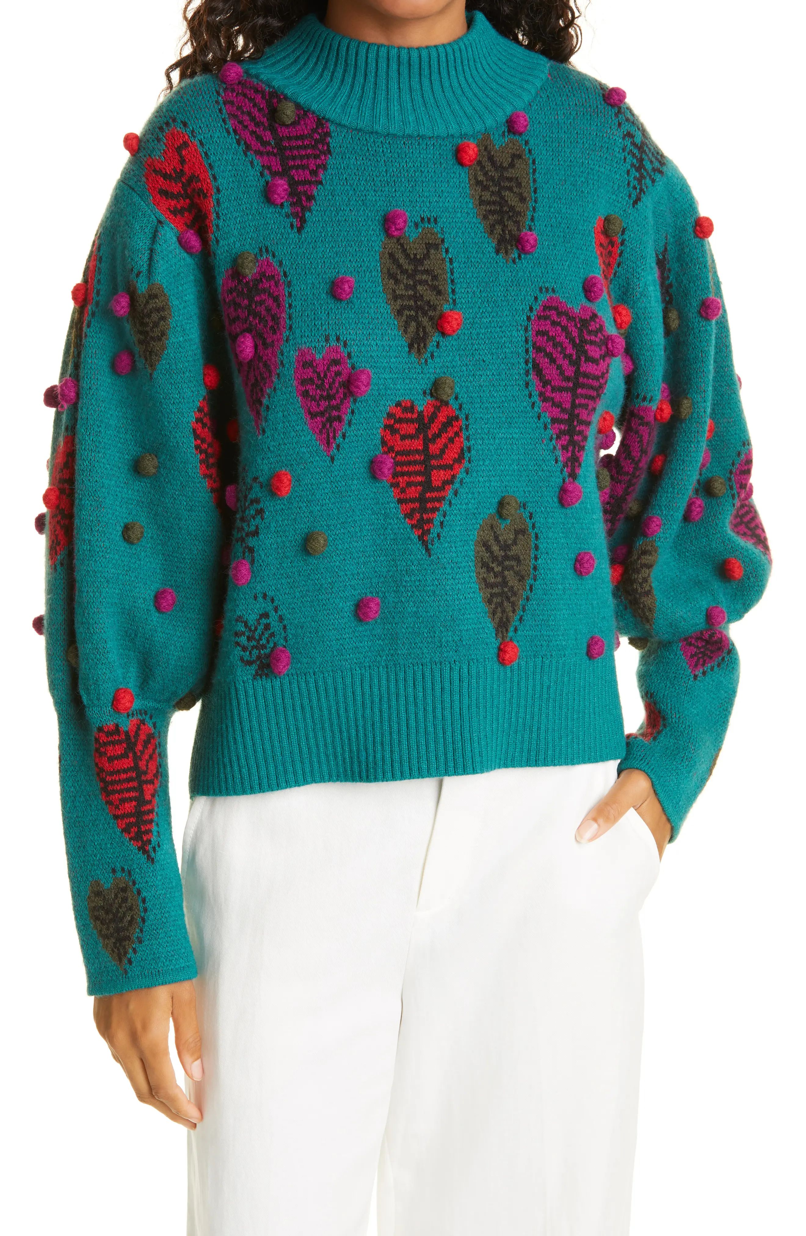 FARM Rio Monstera Hearts Mock Neck Sweater, Size X-Large in Green at Nordstrom | Nordstrom