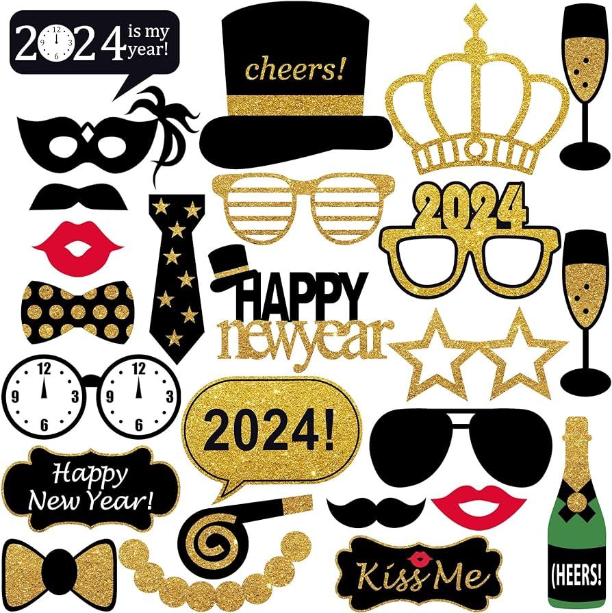 KatchOn, New Years Eve Photo Booth Props 2024 - Pack of 24, Glitter New Years Photo Props | New Y... | Amazon (US)