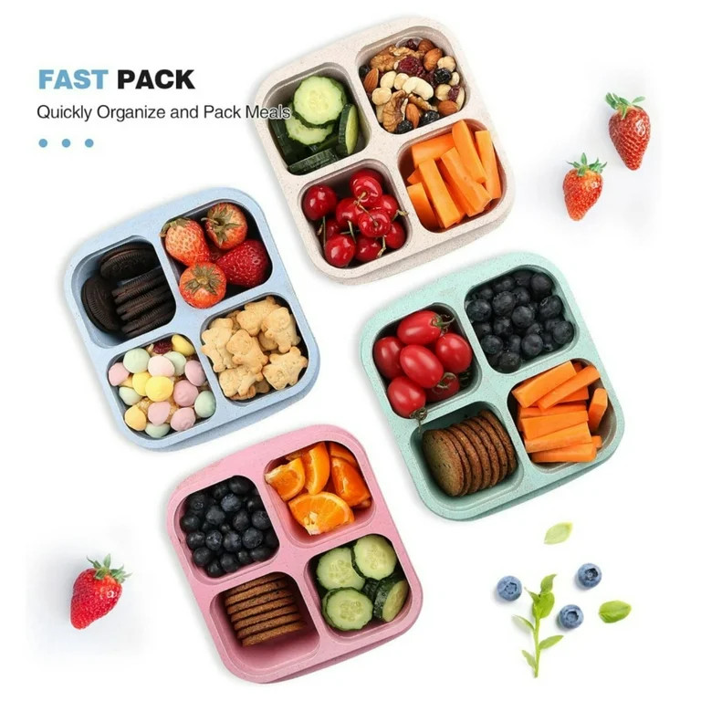 Bxaolu 4 Pack Bento Snack Boxes Lunchable Containers for Ki-ds/Adults, Wheat Straw 4-Compartment ... | Walmart (US)