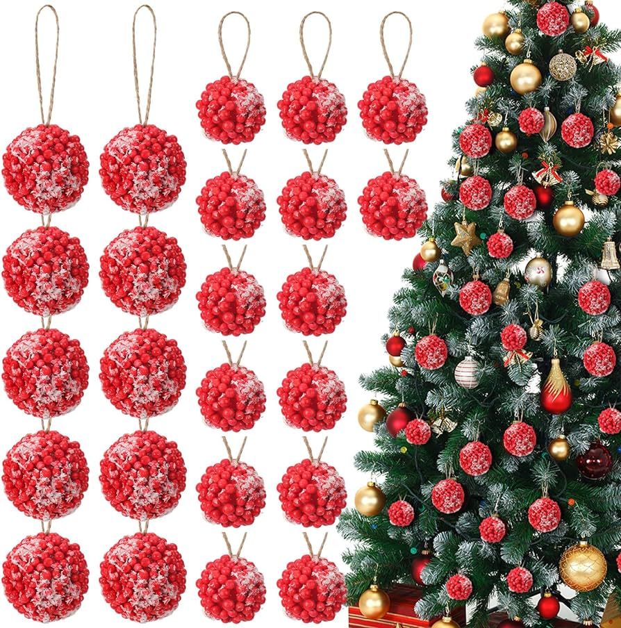 Shappy 30 Pcs Christmas Frosted Red Berries Ornaments Realistic Artificial White Snowflake Cranbe... | Amazon (US)
