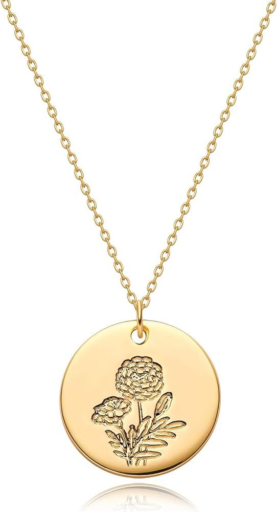 MYEARS Women Coin Necklaces Gold Birth Month Flower Bouquet Disc Round Medal Pendant Engraved Flo... | Amazon (US)