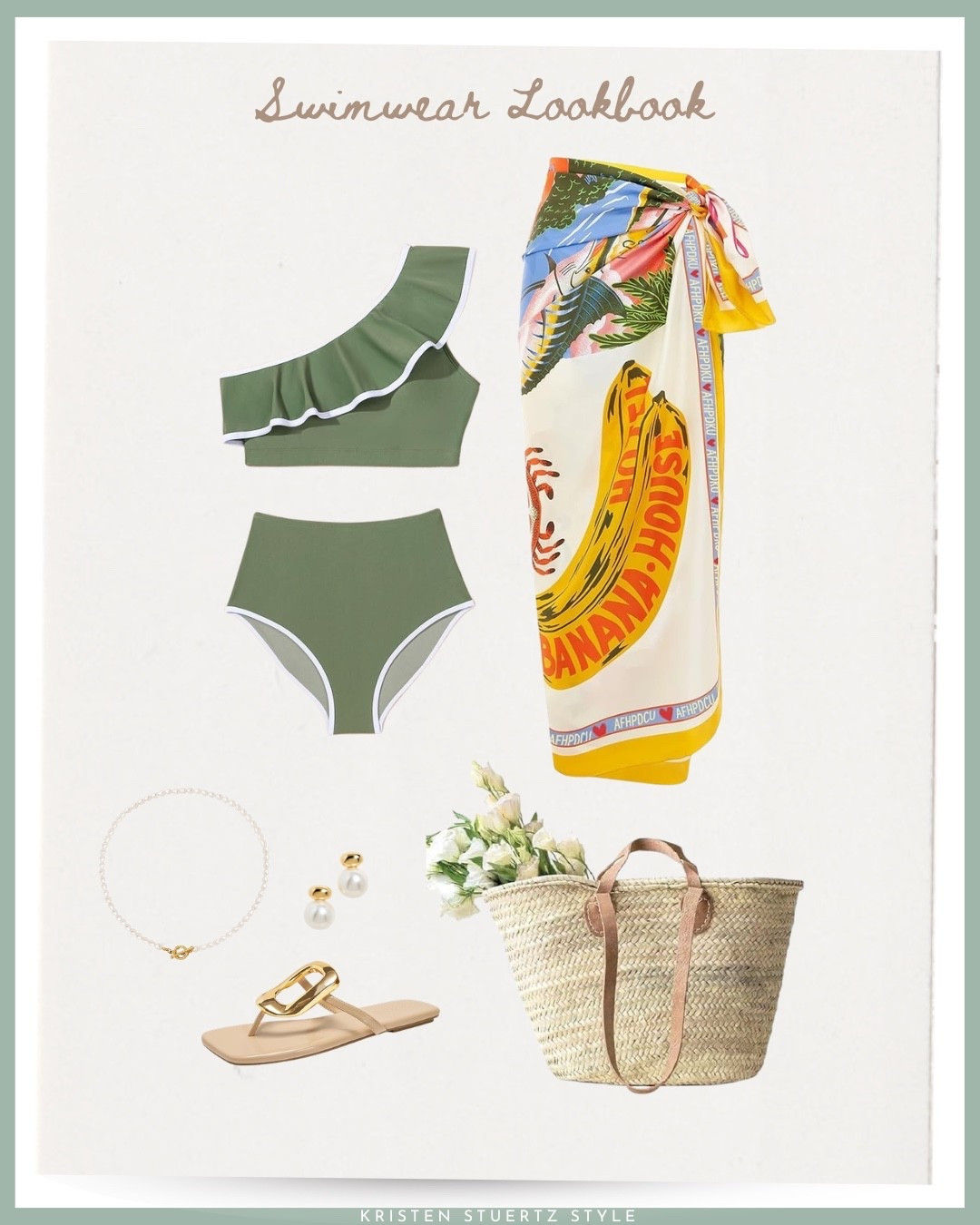 An asymmetrical ruffle sleeve bikini with a tropical wrap, French market tote bag, gold sandals, and coordinating accessories. 



#vacation outfits beach 

#LTKOver40 #LTKSeasonal

#LTKSwim #LTKTravel