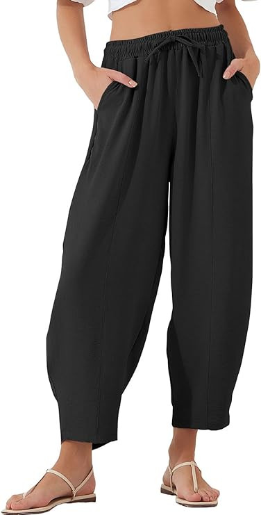 EVALESS Women's Summer High Waisted Baggy Pants Casual Ankle Length Trouser Slacks with Pockets | Amazon (US)