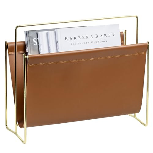 MyGift Magazine Holder Magazine Rack Floor 15-Inch Modern Brown Leatherette & Brass Plated Metal ... | Amazon (US)