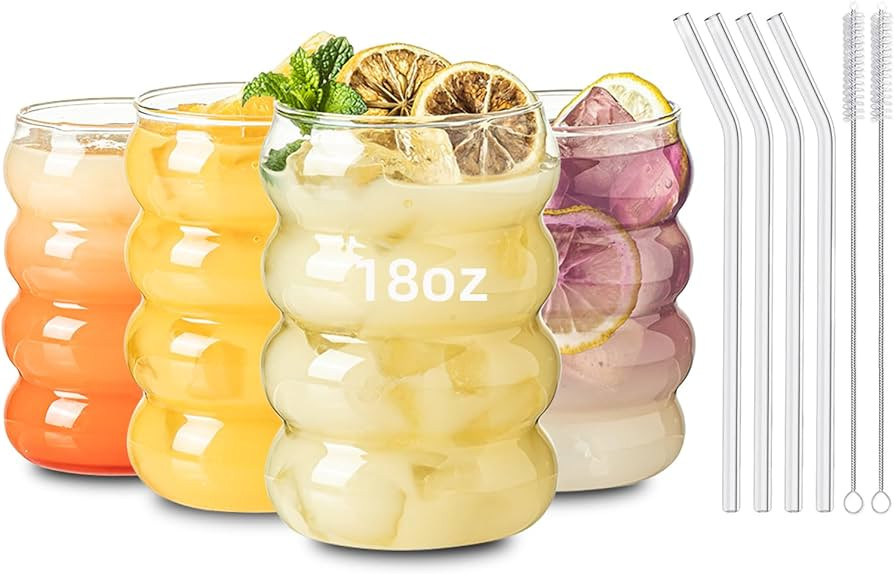 KEMORELA 18oz Wave Shape Beverage Glasses With Straws,Vintage Glass Cups Wine Mugs Of 4 Set, Ripp... | Amazon (US)