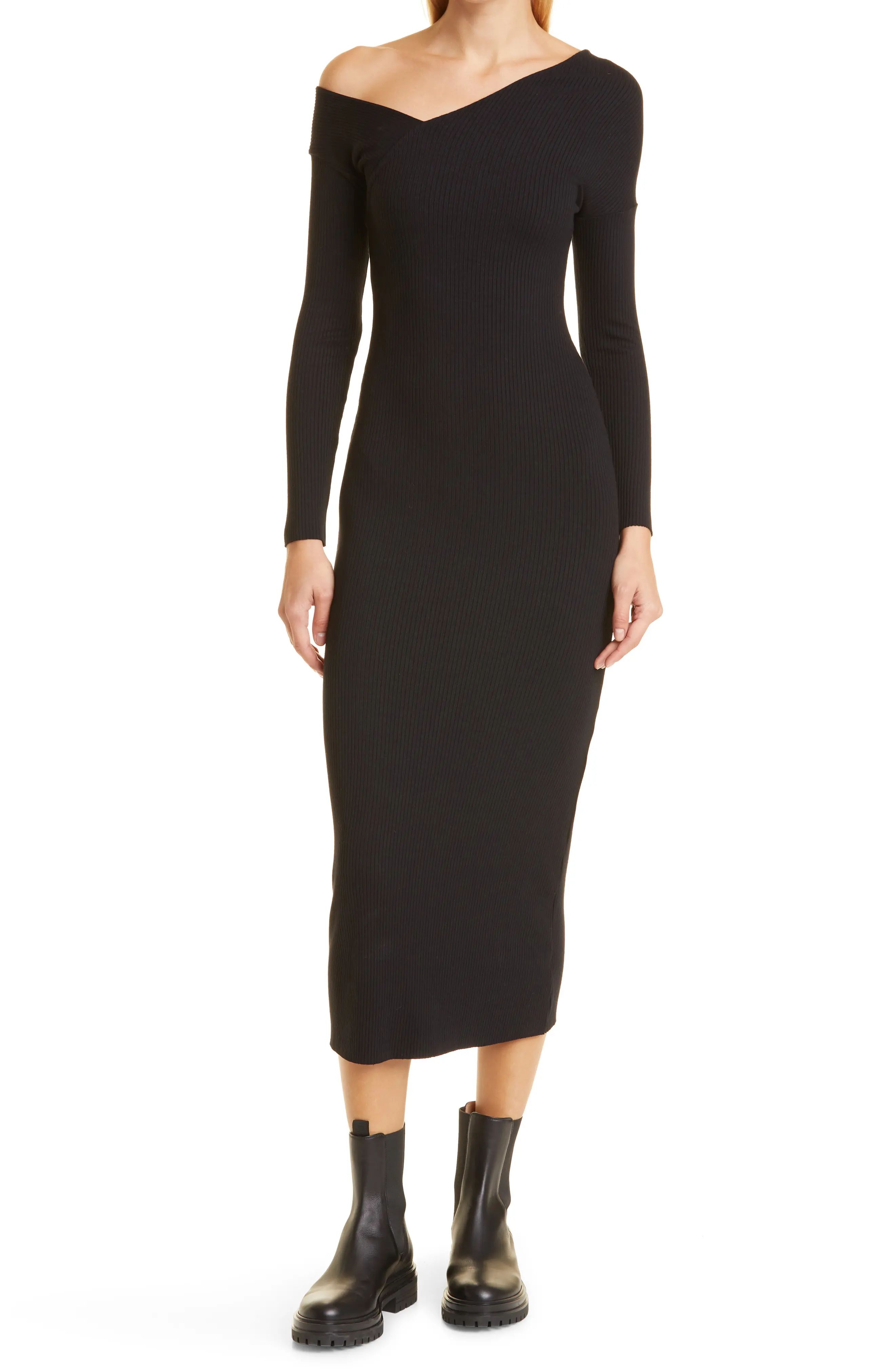 The Range Rib Asymmetric Off the Shoulder Long Sleeve Midi Dress, Size Medium in Black at Nordstrom | Nordstrom
