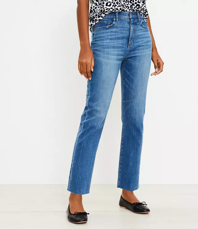 Petite High Rise Straight Crop Jeans in Rich Mid Indigo Wash | LOFT