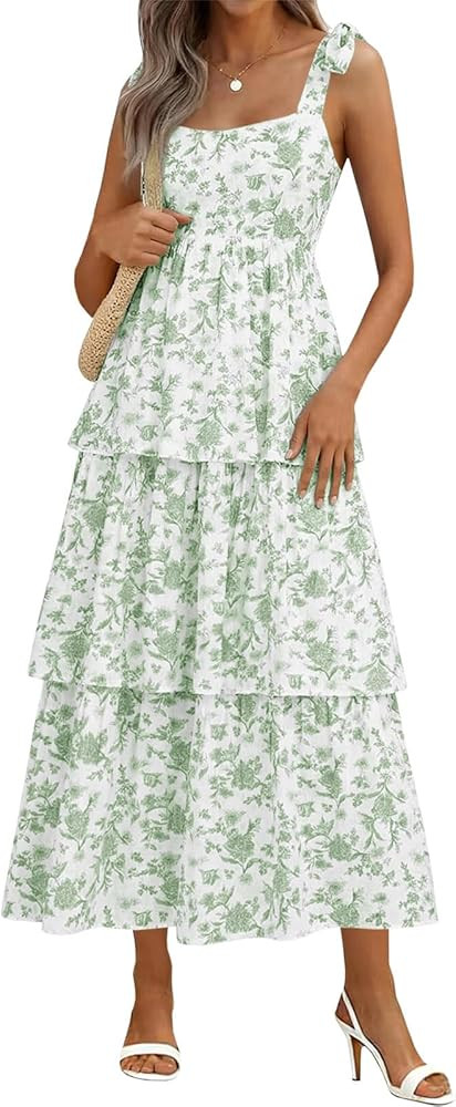 Wenrine Womens Summer Floral Maxi Dress Casual Tie Strap Sleeveless Ruffle Tiered Smocked Loose B... | Amazon (US)