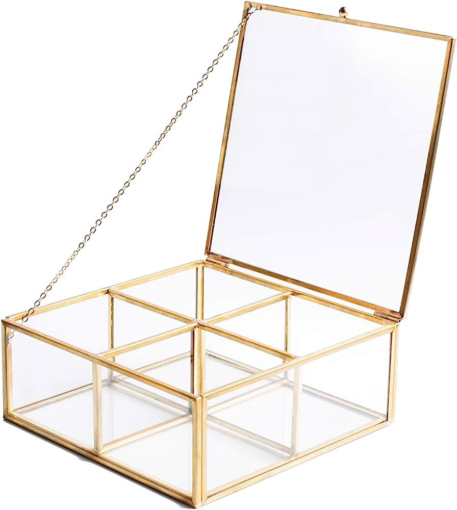 4 Compartment Golden Vintage Glass Lidded Jewelry Box, Large Clear Metal Box for Rings Bracelet K... | Amazon (US)