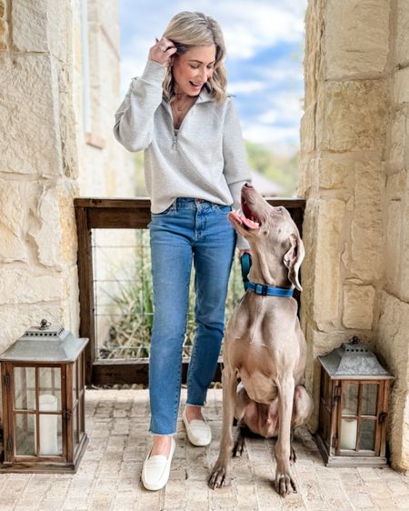 Rowdy seems to be as happy about this new @Spanx AirEssential color release as I am-maybe because they’re both grey!! I’m wearing the half-zip in a size small; it’s the perfect layering piece for spring! Paired it with my new jeans from @talbotsofficial and my go-to driving loafers for an everyday casual look. 

#notsponsored #fashionover40 #fashionover50 #jeans #rawhemdenim 

#LTKshoecrush #LTKover40