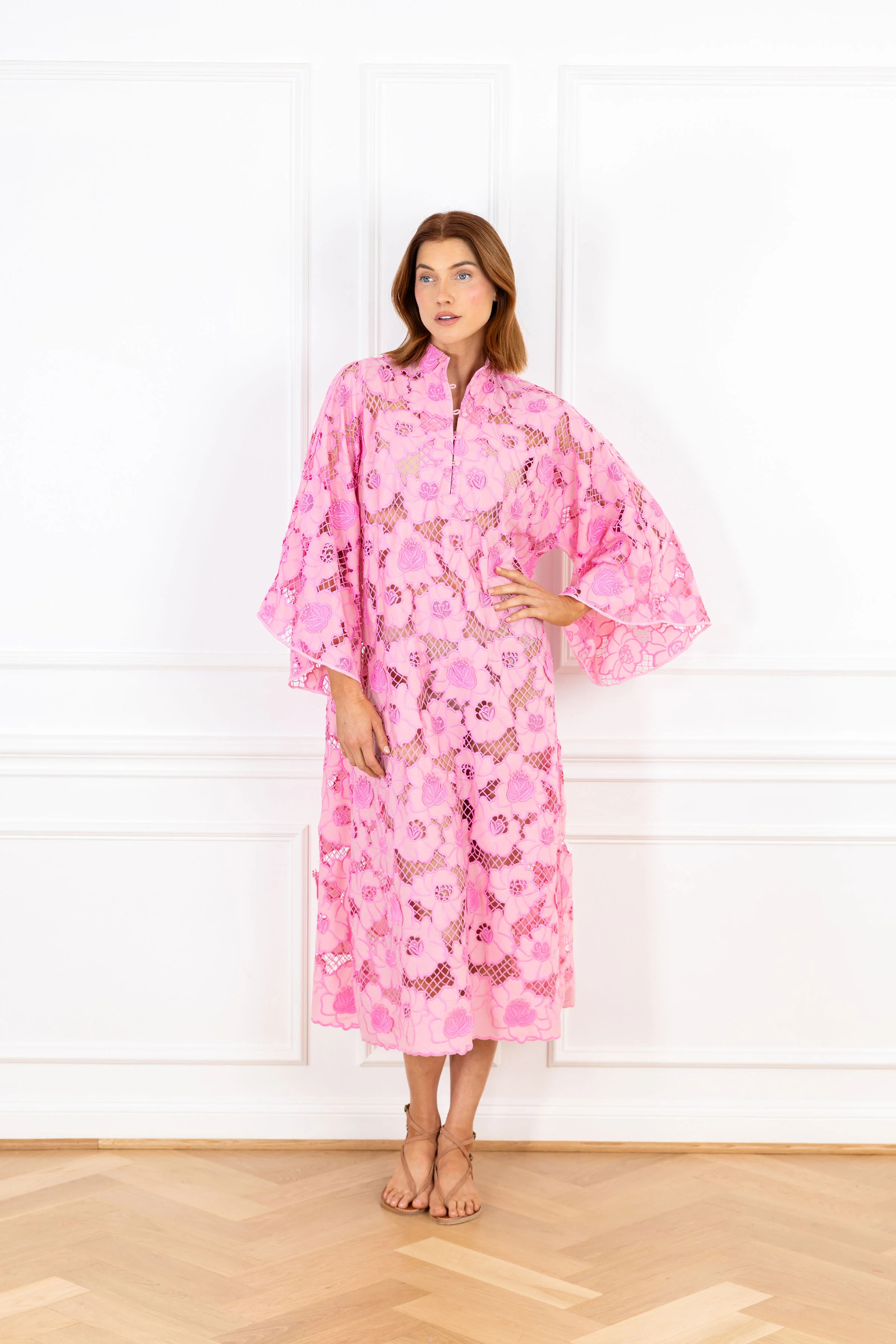 Candy Pink Net Lace Maxi Caftan | La Vie Style House