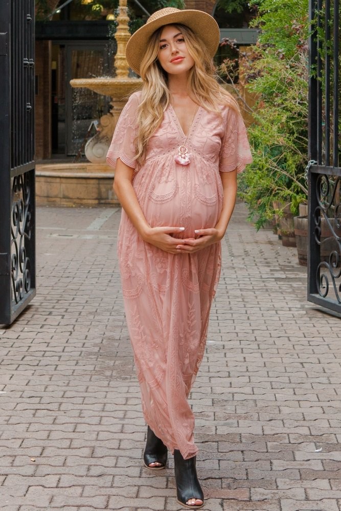Mauve Lace Mesh Overlay Maternity Maxi Dress | PinkBlush Maternity