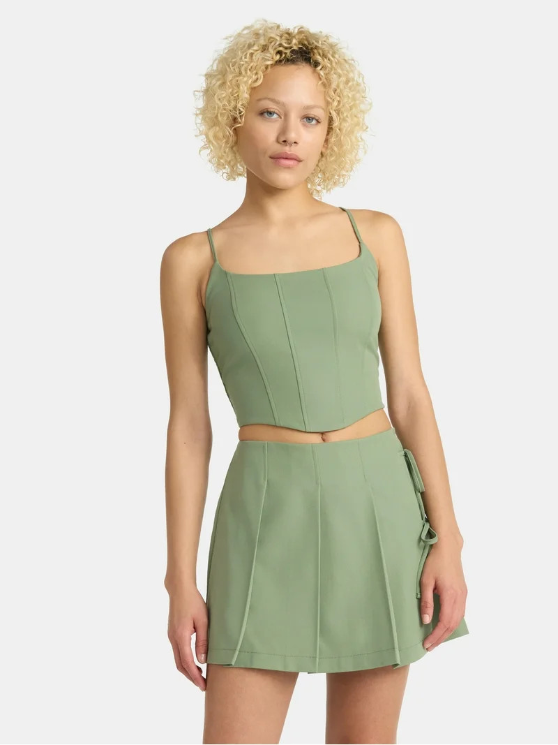 No Boundaries Corset Top and Pleated Mini Skirt Set, 2-Piece, Women's | Walmart (US)