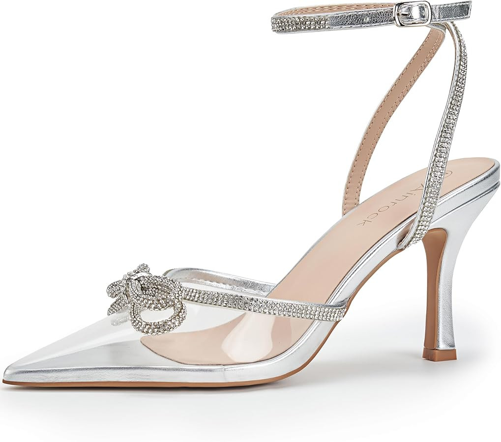 Women's Rhinestone Bow Heels Sparkly Wedding Closed Pointed Toe High Sexy Satin Stiletto Ankle St... | Amazon (US)