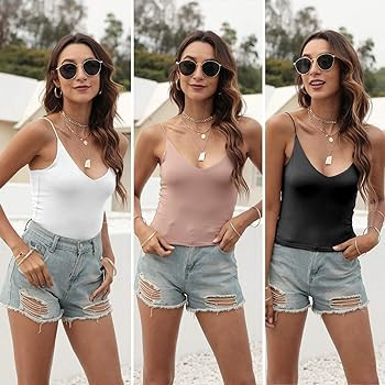 Amilia Women's Basic Solid Deep V Neck Cami Spaghetti Double Layer Crop Tank Tops Casual Shirts | Amazon (US)