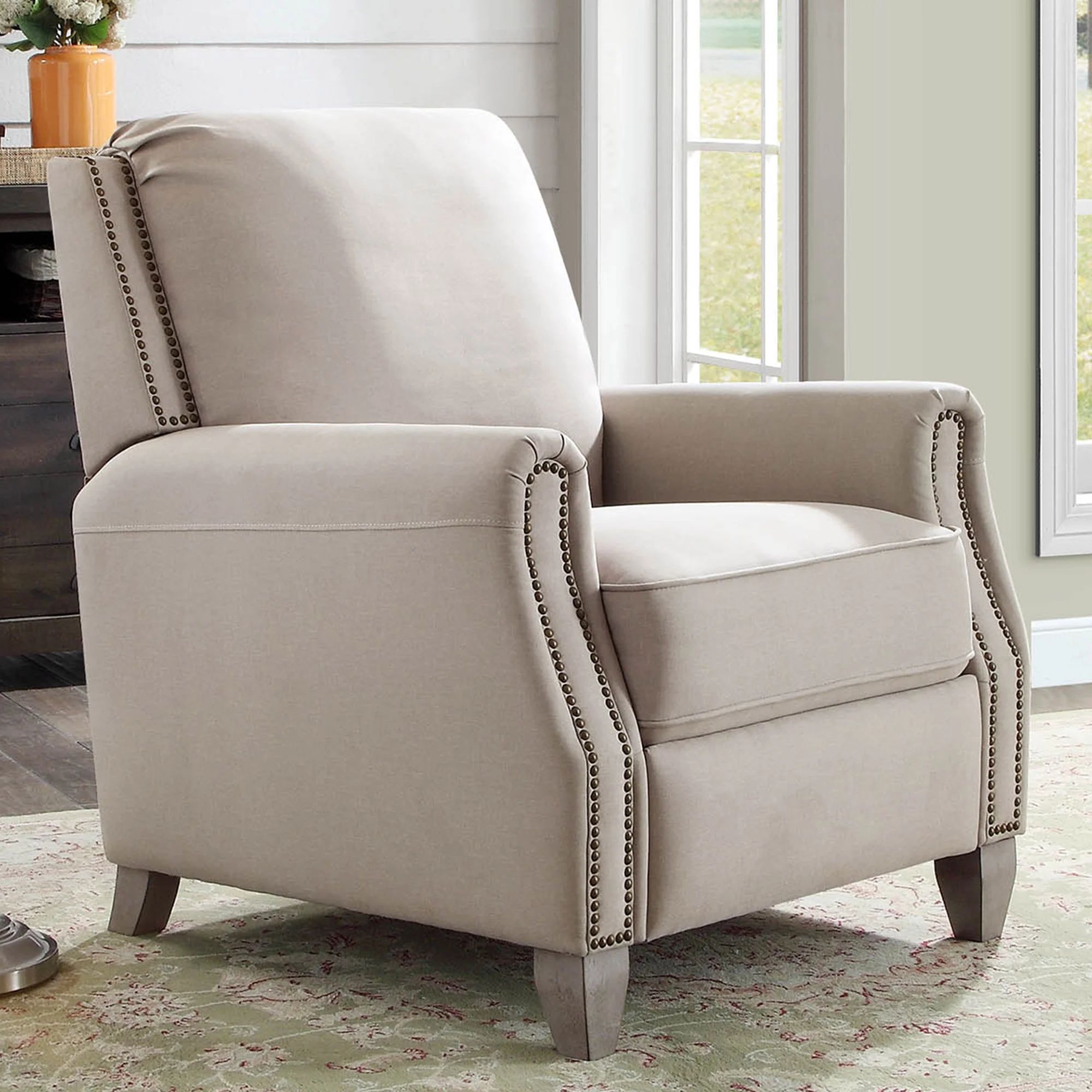 Better Homes & Gardens Pushback Recliner, Taupe Fabric Upholstery with Bronze Nail-Head Trim | Walmart (US)