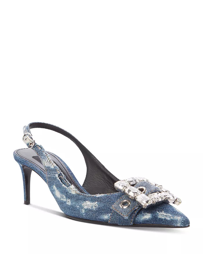 Women's Distressed Denim Kitten Heel Slingback Pumps | Bloomingdale's (US)