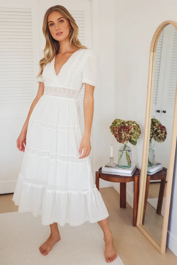 Folklore White Swiss Dot Lace Tiered Midi Dress | Lulus (US)