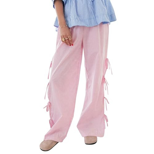 Women Y2k Striped Pants Bow Tie Side Slit Wide Leg Lounge Pants Loose Fit Plaid Gingham Going Out Pajama Trousers (Pink Stripe, M) | Amazon (US)
