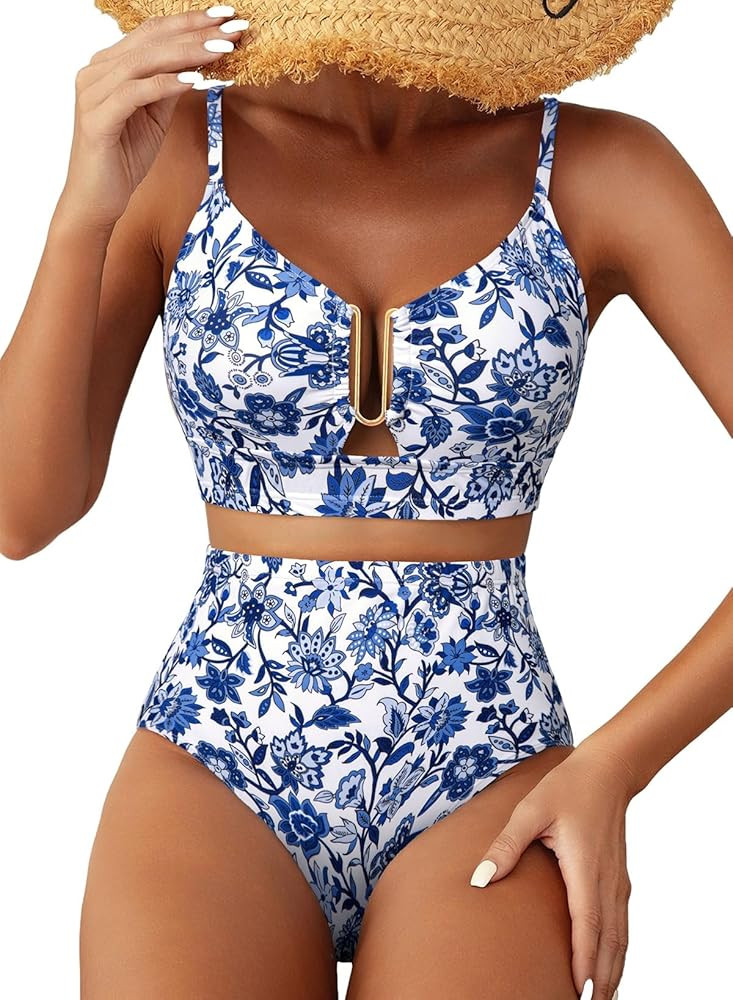 Herseas Womens 2 Piece High Waisted U Wire Bikini Set Floral Print Swimsuit Crisscross Back Bathi... | Amazon (US)