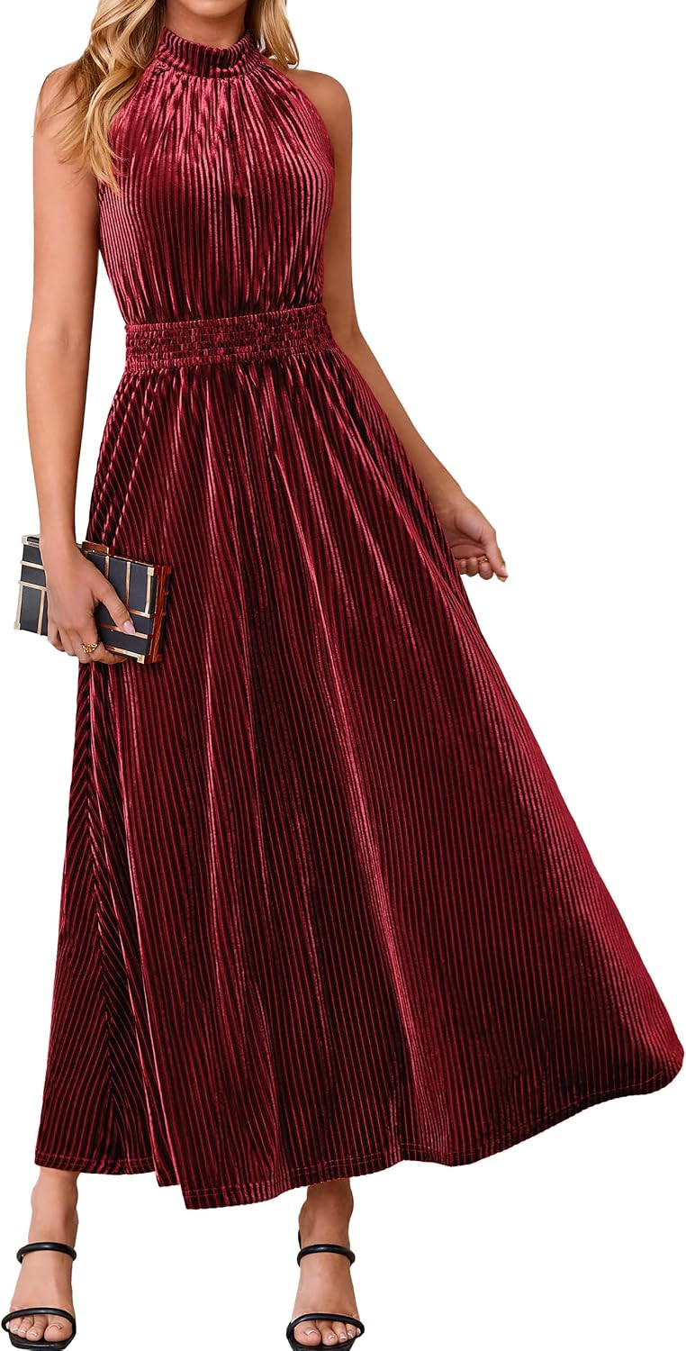 Simplee Womens Velvet Elegant Halter Neck Semi Formal Wedding Guest Dresses | Amazon (US)
