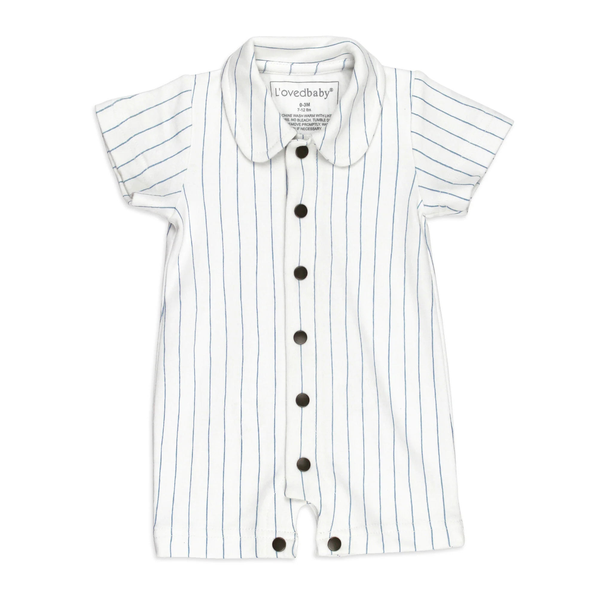 Organic S/Sleeve Romper in Pool Pinstripe | L'ovedbaby