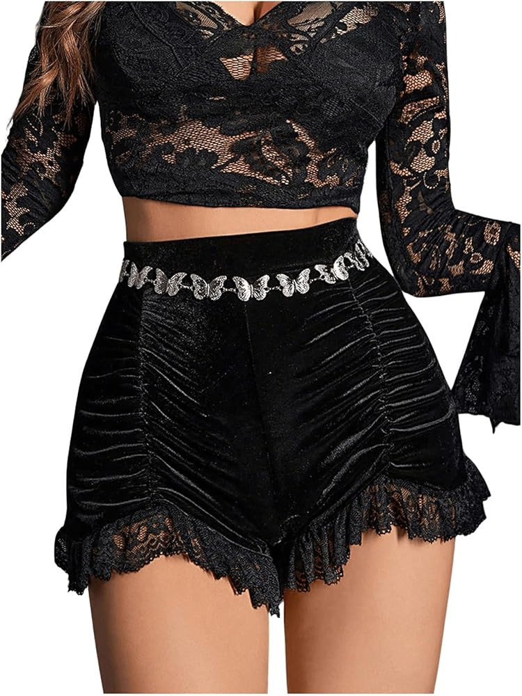 WDIRARA Women's Velvet Contrast Lace Ruched High Waist Gothic Shorts | Amazon (US)