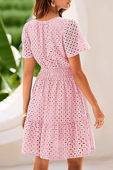 PRETTYGARDEN Womens 2026 Summer Short Dress V Neck Short Sleeve A Line Hollow Out Lace Cute Casua... | Amazon (US)