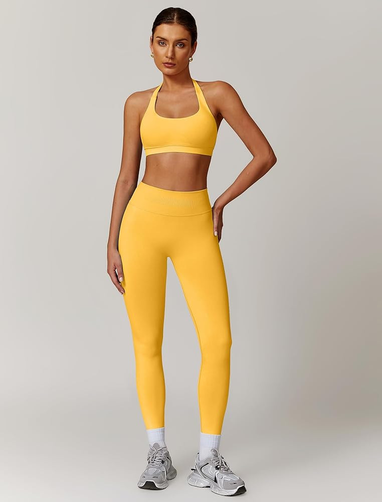 ABOCIW Workout Sets for Women Seamless Scunch Butt Lifting Impact Leggings Halter Sports Bra 2 Pi... | Amazon (US)
