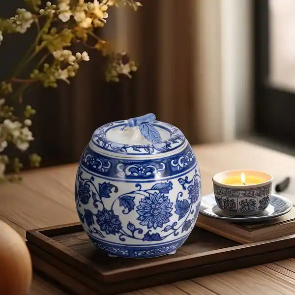 Sagebrook Home Ceramic Peony Chinoiserie Lidded Candle 8oz - Blue/White - 4" x 4" x 5" | Bed Bath & Beyond