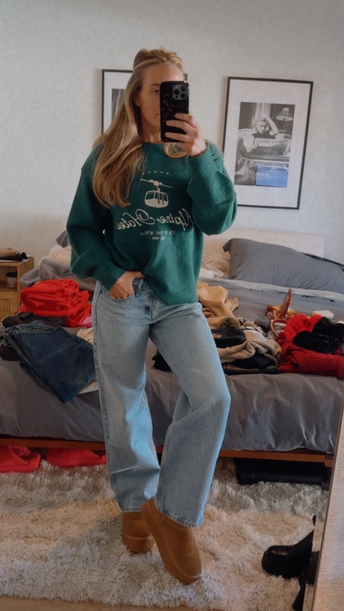Serving ski lodge outfit vibes in this cozy green sweater, wide-leg jeans, and warm platform winter boots. Perfect for a winter weekend getaway, holiday activities, and winter travel outfits. Linked under winter aesthetic outfit, apres-ski outfit ideas, and comfy winter style 2024.


#LTKootd #LTKHoliday #LTKgrwm