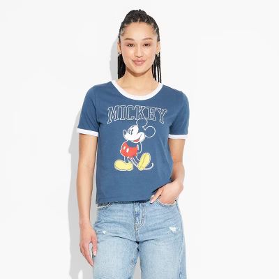 Women's Mickey Short Sleeve Graphic Ringer T-Shirt - Blue | Target