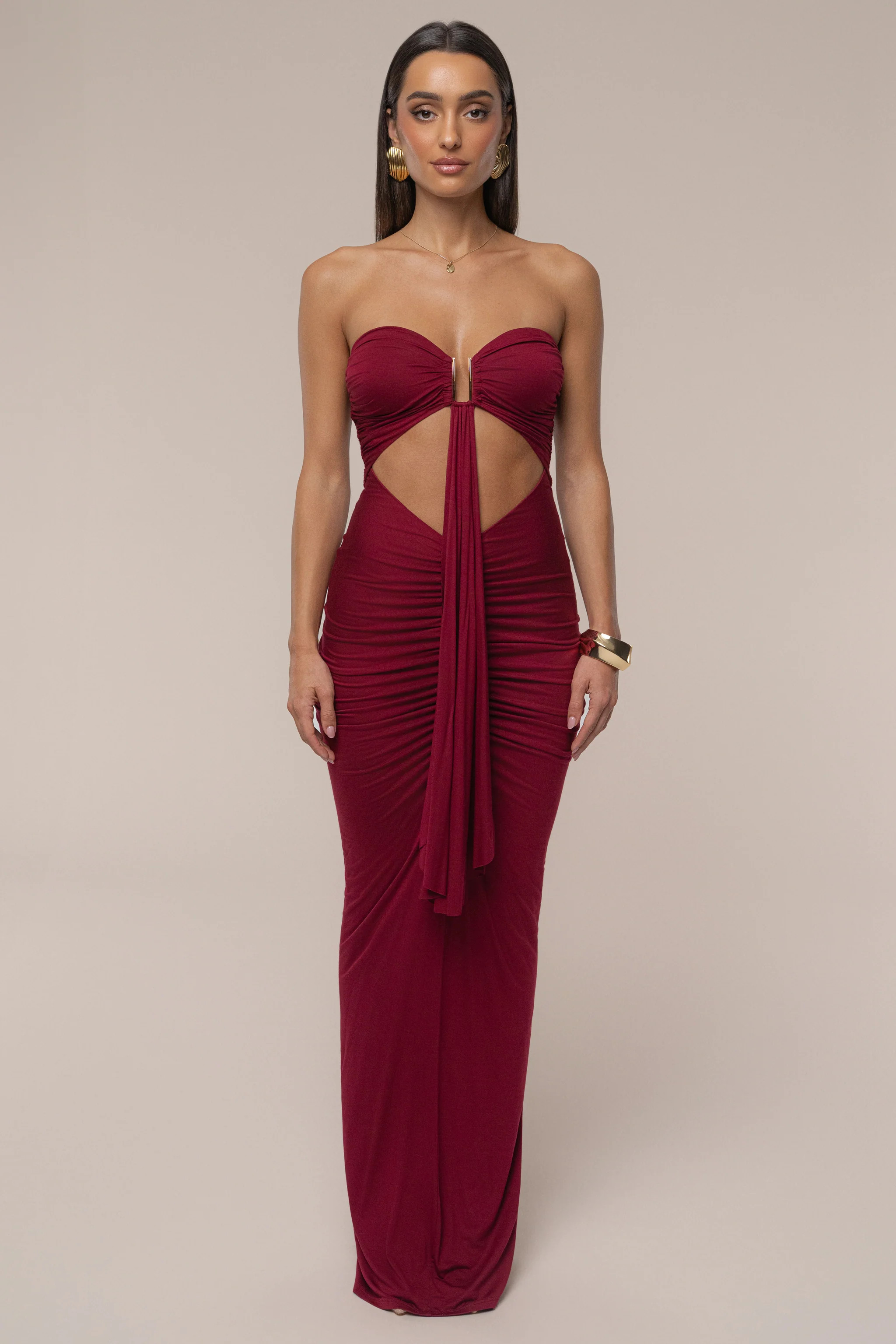 Burgundy Atlantis Drape Maxi Dress | JLUXLABEL