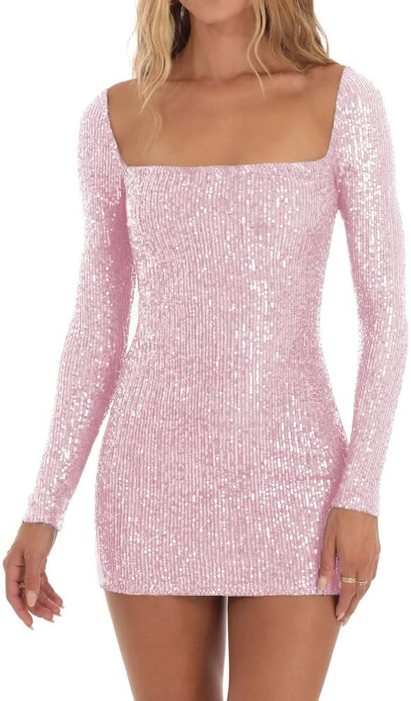 Women Sexy Long Sleeve Sparkly Sequin Bodycon Mini Dress Square Neck See Through Backless Self Ti... | Amazon (US)