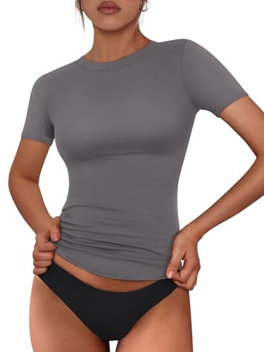 Trendy Queen Womens Summer Short Sleeve Workout Tops Crewneck Tight Solid Color Basic Tees Y2k Clothes Vacation Outfits 2024 Dark Grey | Amazon (US)